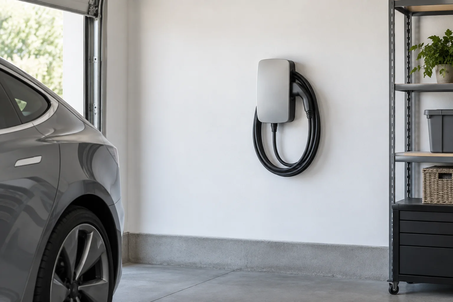 Generic wall-mounted EV charger with a coiled cable beside a parked car