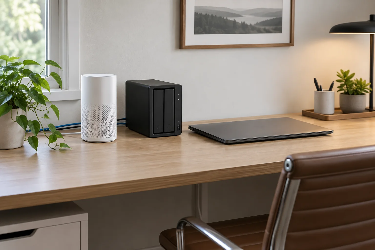 Generic two-bay network storage device beside a mesh router and laptop