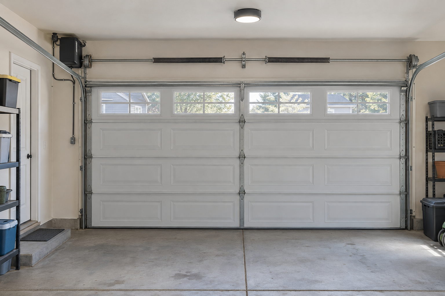 Chamberlain RJO101 wall mount garage door opener installation beside a closed sectional door